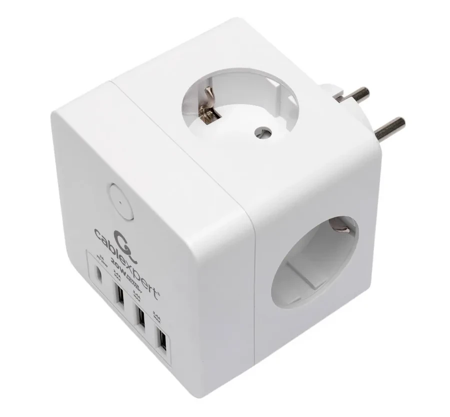 Сетевой фильтр Cablexpert Cube, CUBE-4-CU3-W, 4р, 16А, 1xType-C PD, 3хUSB, ур.защ. 2+, коробка белый — 3