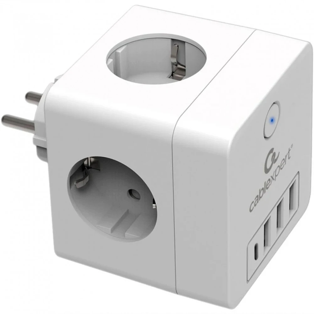Сетевой фильтр Cablexpert Cube, CUBE-4-CU3-W, 4р, 16А, 1xType-C PD, 3хUSB, ур.защ. 2+, коробка белый — 4