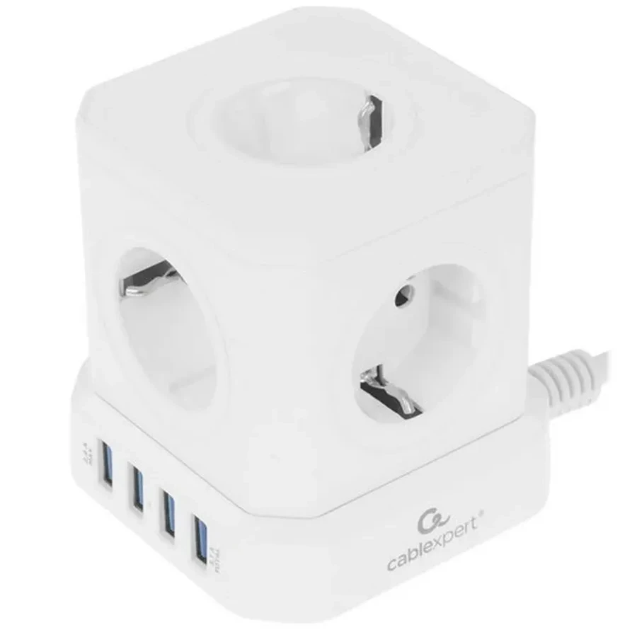 Сетевой фильтр Cablexpert Tower 5р, TWR-5-U4-W-3, 10А, 4хUSB, 3.1А, 3м, ур.защ. 4+, коробка белый