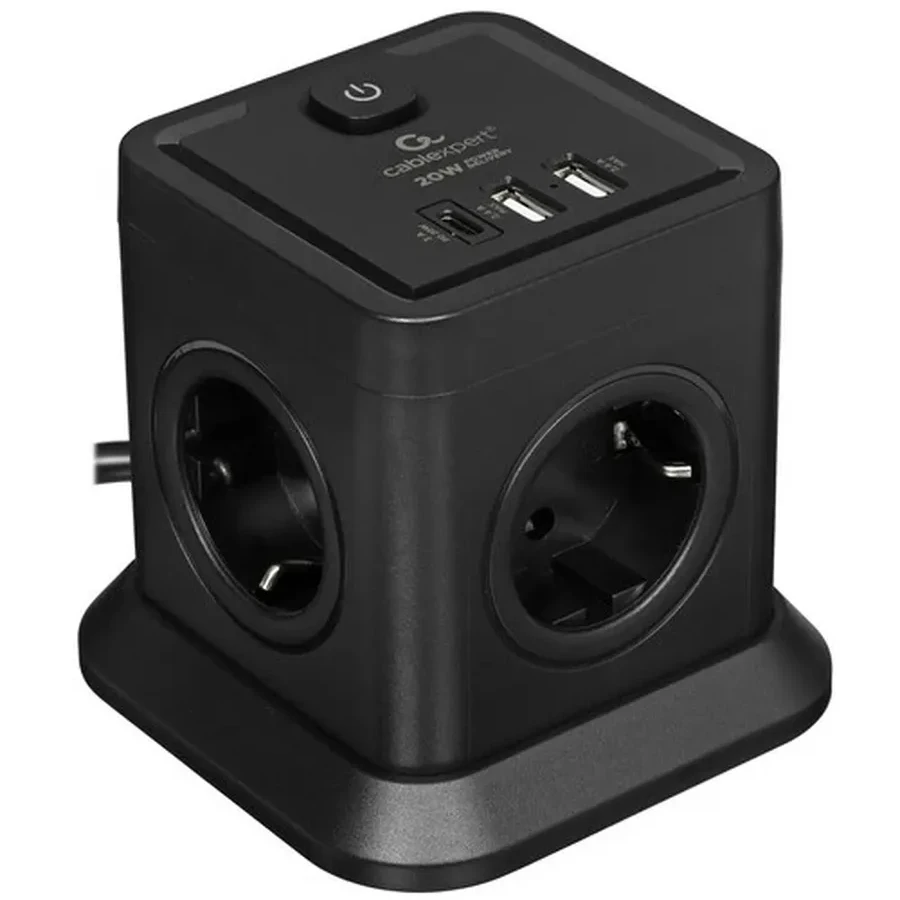 Сетевой фильтр Cablexpert Tower TWR-4-CU2-B-2, 4р, 10А, 1xType-C PD, 20Вт, 2хUSB, 2м, защ.2+, черный