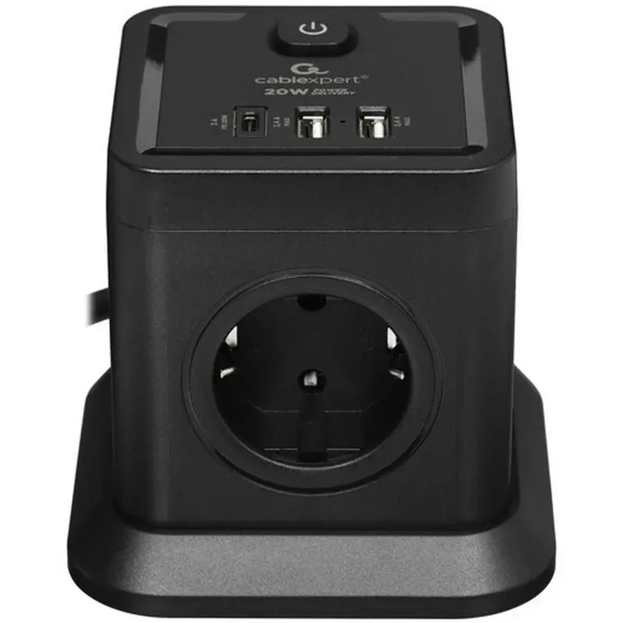 Сетевой фильтр Cablexpert Tower TWR-4-CU2-B-2, 4р, 10А, 1xType-C PD, 20Вт, 2хUSB, 2м, защ.2+, черный — 2