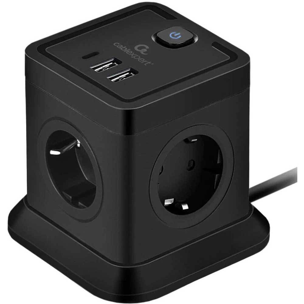 Сетевой фильтр Cablexpert Tower TWR-4-CU2-B-2, 4р, 10А, 1xType-C PD, 20Вт, 2хUSB, 2м, защ.2+, черный — 5