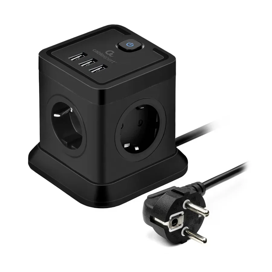 Сетевой фильтр Cablexpert Tower TWR-4-U3-B-2, 4р, 10А, 3xUSB, 3.1А, 2м, ур.защ. 2+, коробка черный
