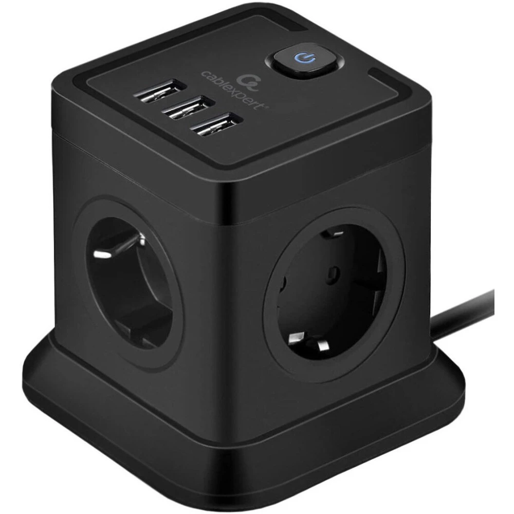 Сетевой фильтр Cablexpert Tower TWR-4-U3-B-2, 4р, 10А, 3xUSB, 3.1А, 2м, ур.защ. 2+, коробка черный — 3