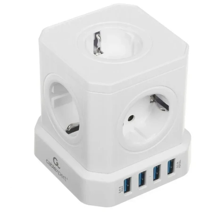 Сетевой фильтр Cablexpert Tower TWR-5-U4-W-2, 5р, 10А, 4хUSB, 3.1А, 2м, ур.защ. 4+, коробка белый