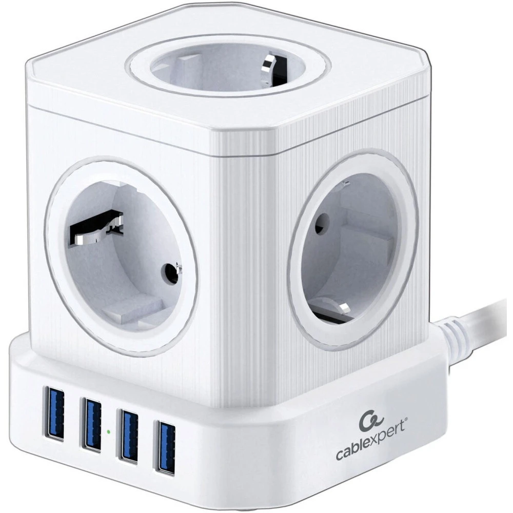 Сетевой фильтр Cablexpert Tower TWR-5-U4-W-2, 5р, 10А, 4хUSB, 3.1А, 2м, ур.защ. 4+, коробка белый — 5