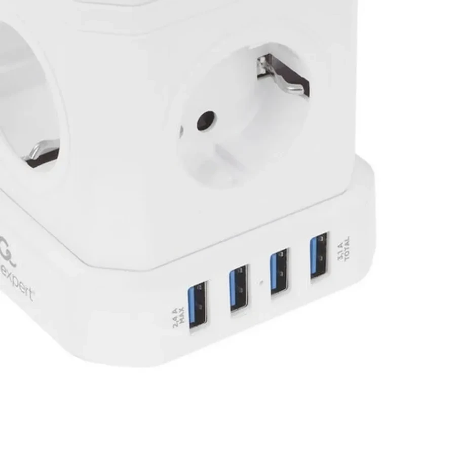 Сетевой фильтр Cablexpert Tower TWR-9-U4-W-2, 9р, 16А, 4хUSB, 3.1А, 2м, ур.защиты 4+, коробка белый — 4