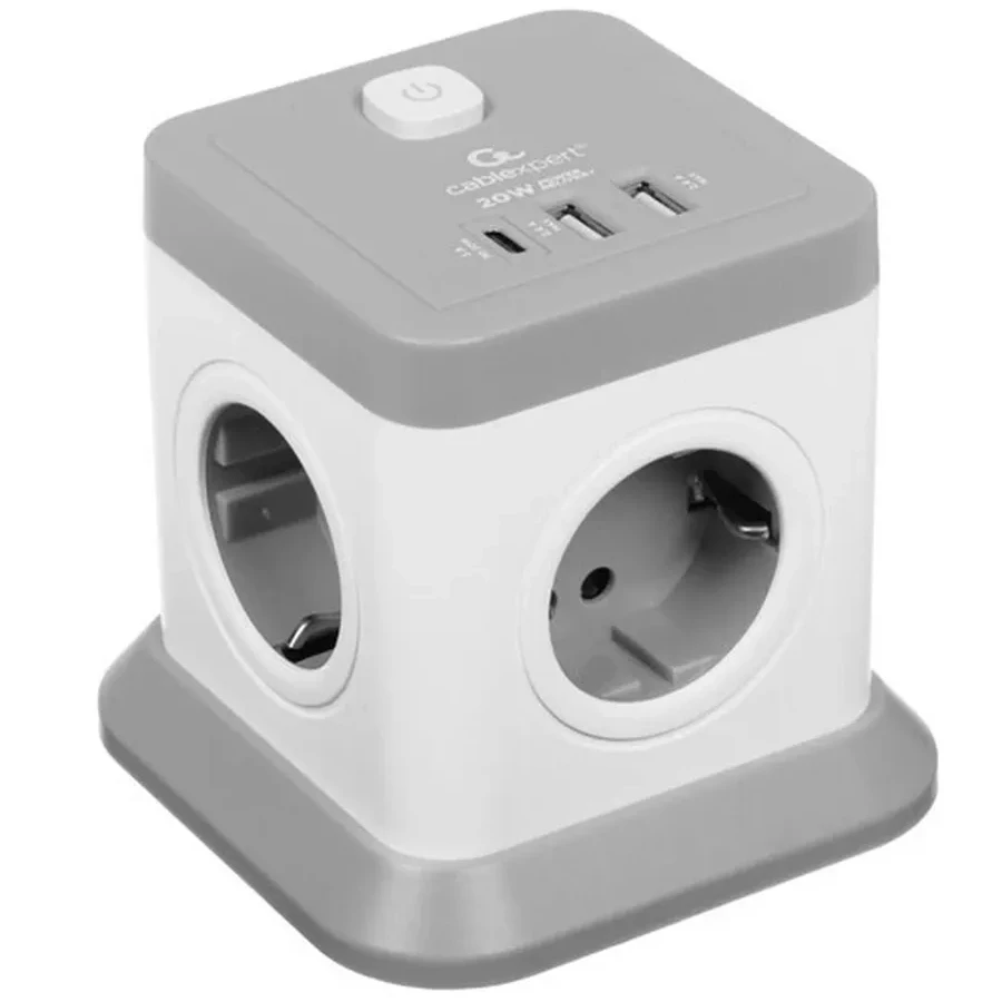 Сетевой фильтр Cablexpert Tower, TWR-4-CU2-W-2, 4р, 10А, 1xType-C PD, 20Вт, 2хUSB, 2м, защ. 2+ белый