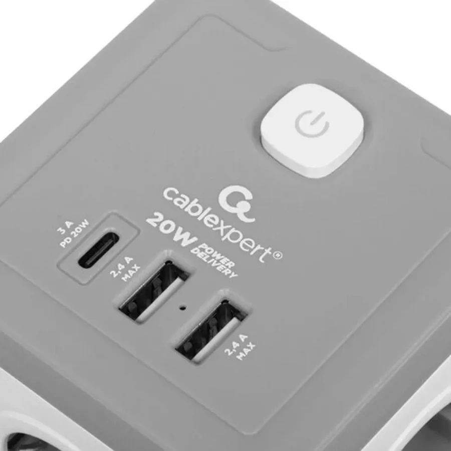 Сетевой фильтр Cablexpert Tower, TWR-4-CU2-W-2, 4р, 10А, 1xType-C PD, 20Вт, 2хUSB, 2м, защ. 2+ белый — 4
