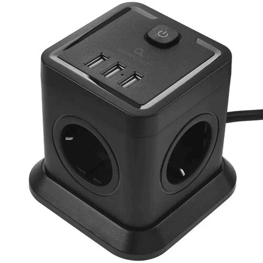 Сетевой фильтр Cablexpert Tower, TWR-4-U3-B-3, 4р, 10А, 3xUSB, 3.1А, 3м, ур.защ. 2+, коробка черный — 5