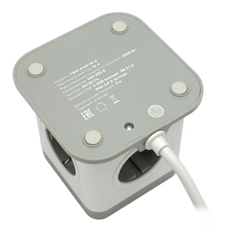 Сетевой фильтр Cablexpert Tower, TWR-4-U3-W-3, 4р, 10А, 3xUSB, 3.1А, 3м, ур.защ. 2+, коробка белый — 2