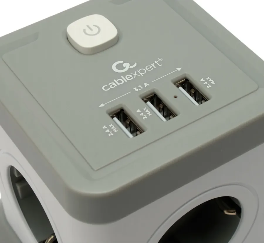 Сетевой фильтр Cablexpert Tower, TWR-4-U3-W-3, 4р, 10А, 3xUSB, 3.1А, 3м, ур.защ. 2+, коробка белый — 3
