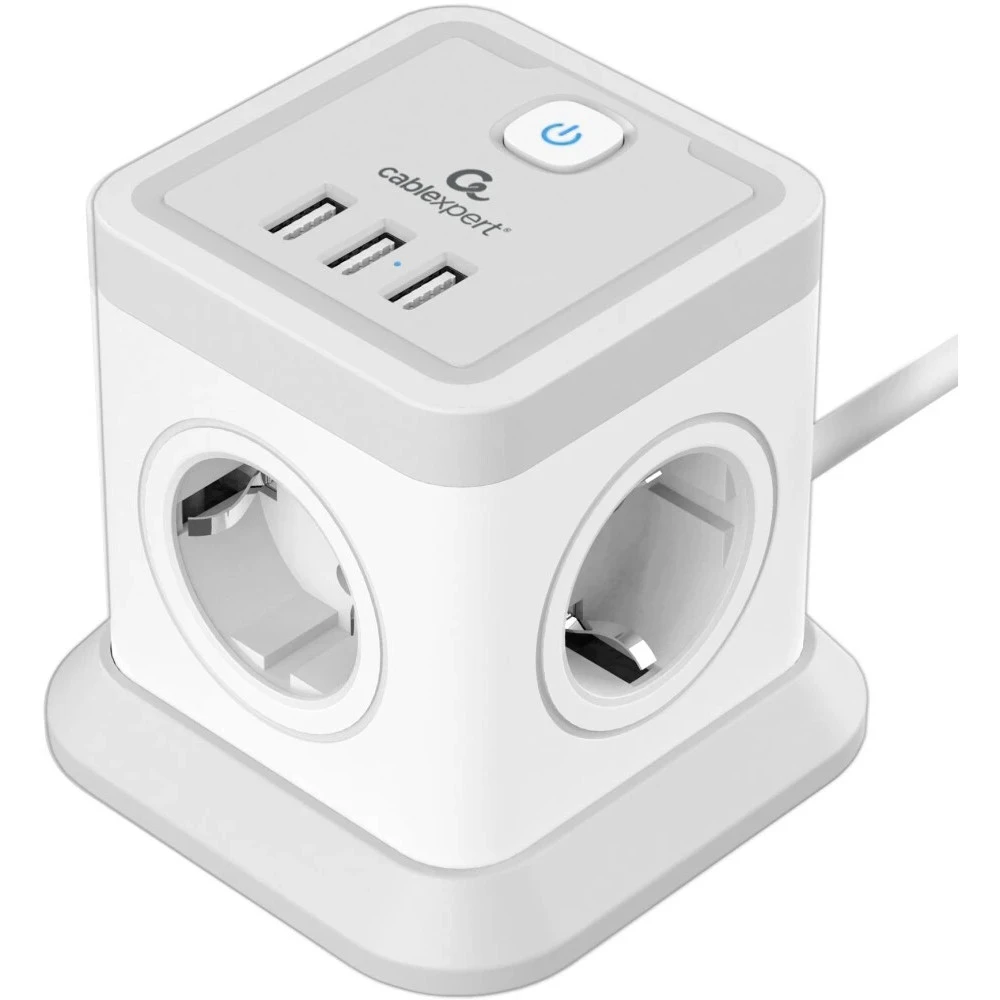 Сетевой фильтр Cablexpert Tower, TWR-4-U3-W-3, 4р, 10А, 3xUSB, 3.1А, 3м, ур.защ. 2+, коробка белый — 4