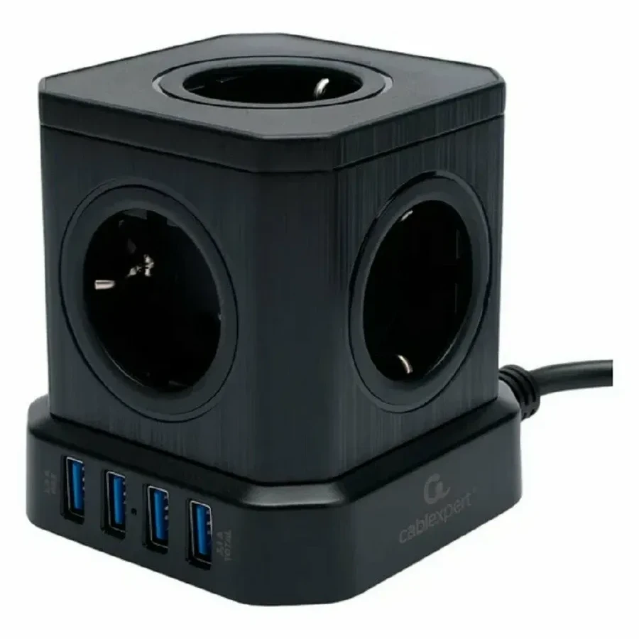Сетевой фильтр Cablexpert Tower, TWR-5-U4-B-2, 5р, 10А, 4хUSB, 3.1А, 2м, ур.защ. 4+, коробка черный — 3
