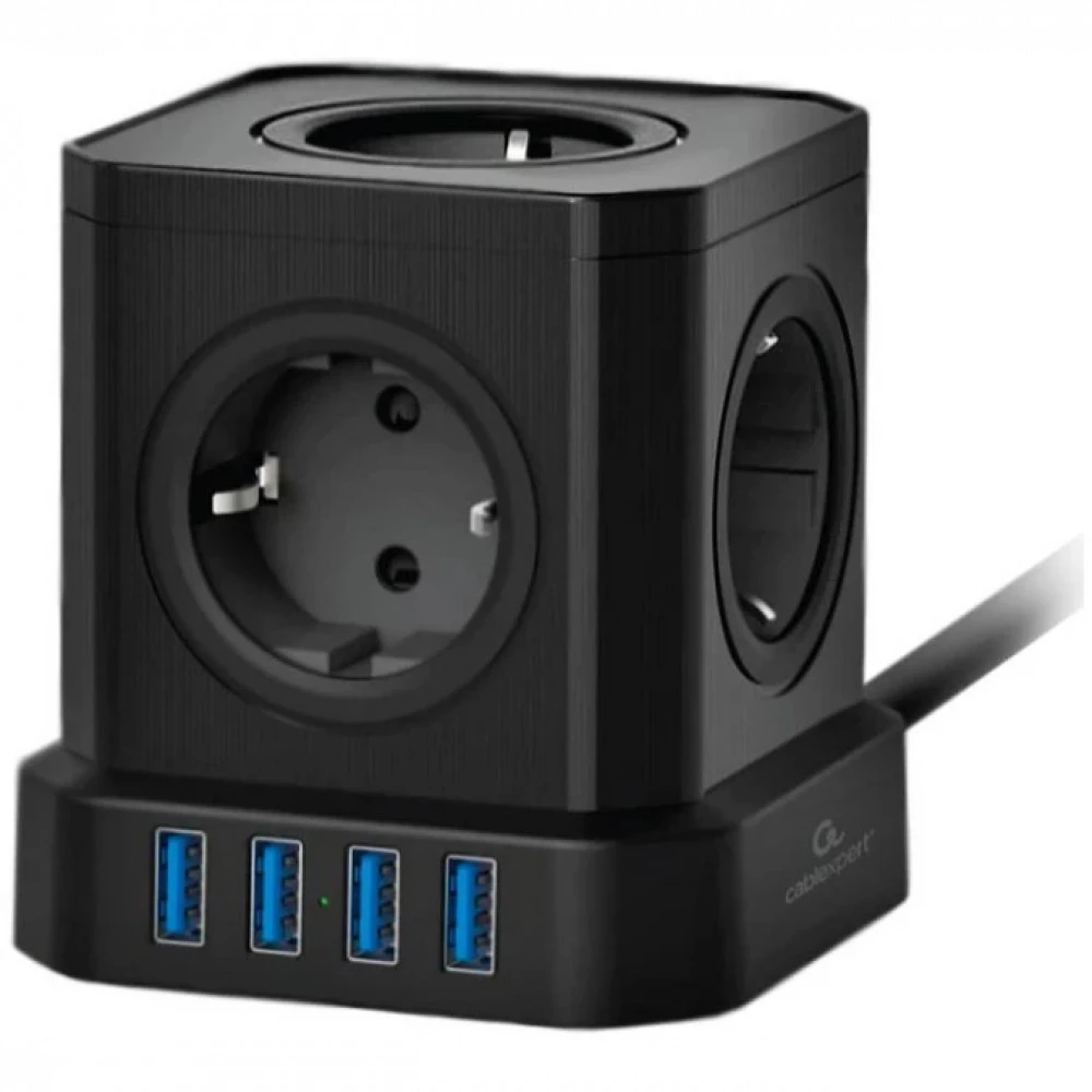 Сетевой фильтр Cablexpert Tower, TWR-5-U4-B-2, 5р, 10А, 4хUSB, 3.1А, 2м, ур.защ. 4+, коробка черный — 4