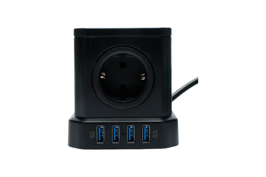 Сетевой фильтр Cablexpert Tower, TWR-5-U4-B-3, 5р, 10А, 4хUSB, 3.1А, 3м, ур.защ. 4+, коробка черный — 2