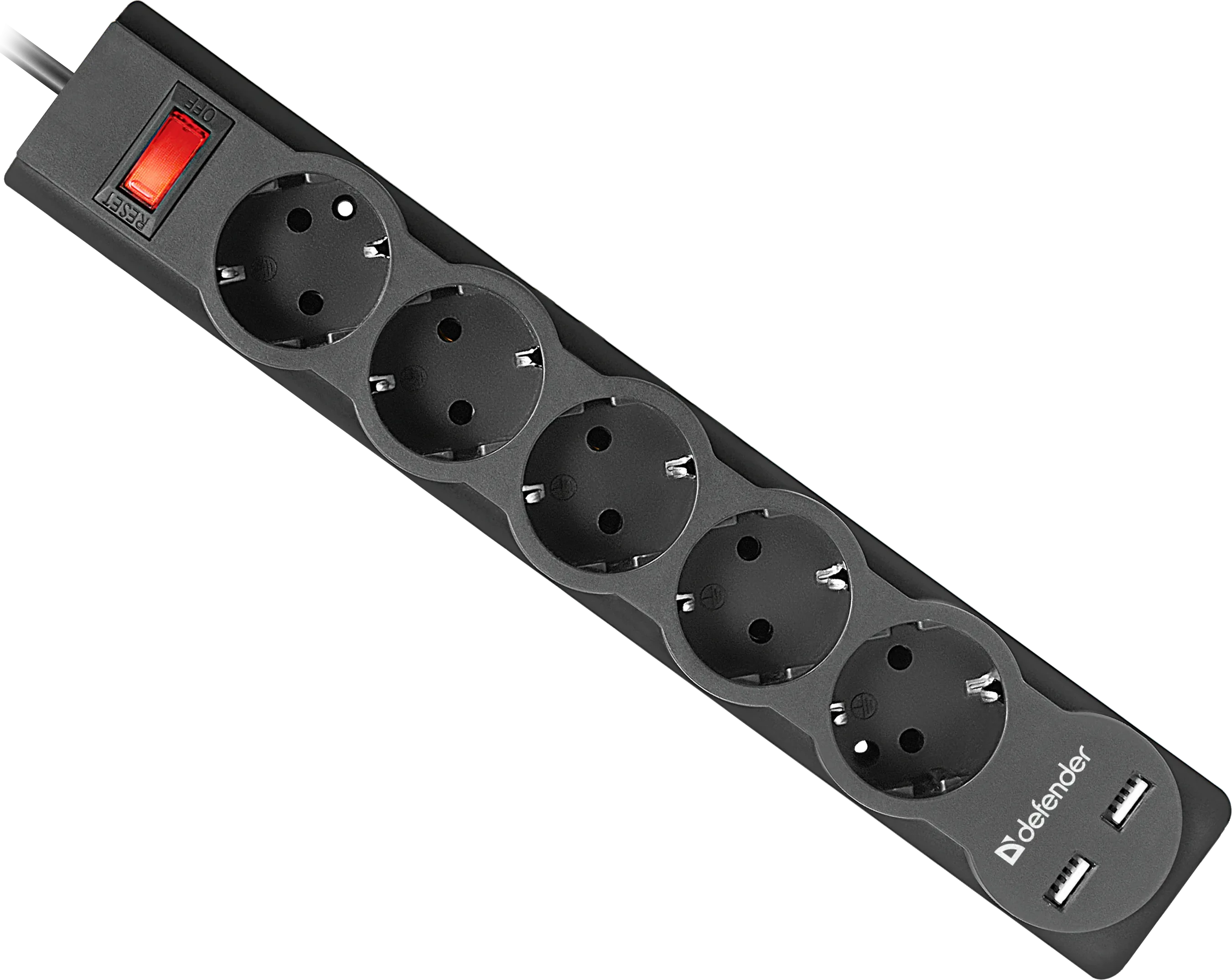 Сетевой фильтр Defender DFS-751, 5 розеток, 1.8м, 2хUSB, Black