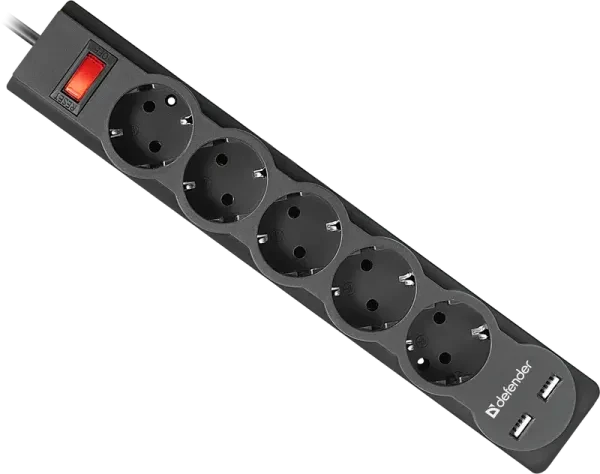 Сетевой фильтр Defender DFS-755, 5 розеток, 5м, 2хUSB, Black