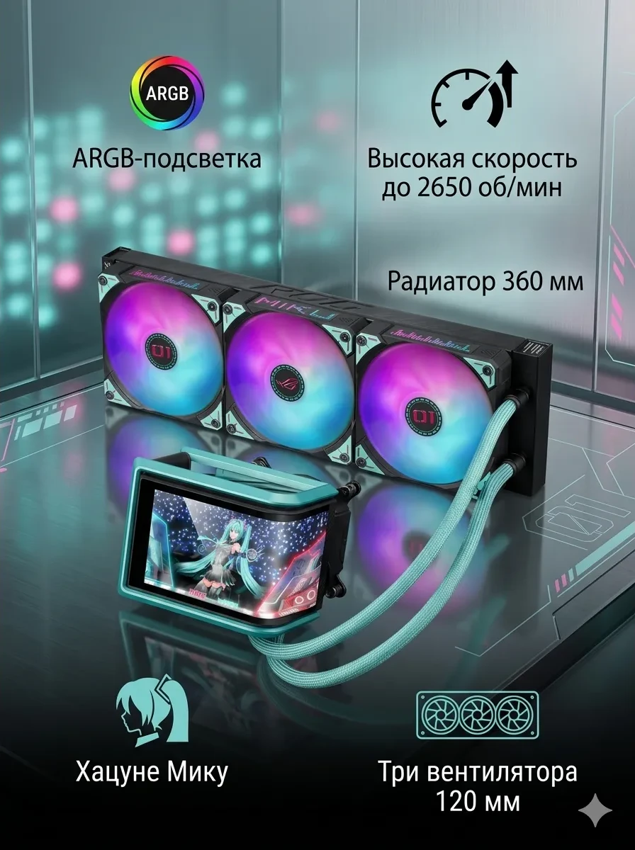 СЖО ASUS ROG RYUO IV 360 ARGB MIKU, movable curved 6.67-inch AMOLED display, 3xARGB FAN, AM5, 1700, 1851, Black