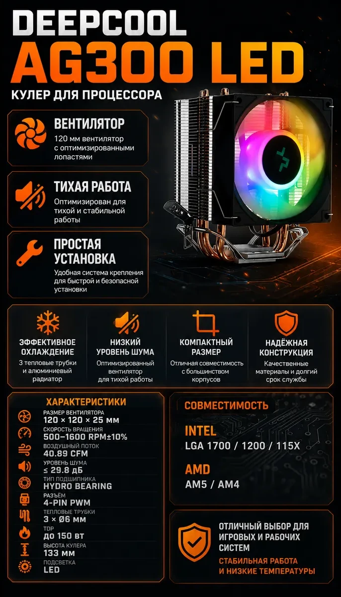 Кулер DeepCool AG300 LED, S115X/1200/1700/AM4, 150W, 12cm, 4pin, Al+Cu, 500-3050rpm, 32.5CFM, 30.5dB