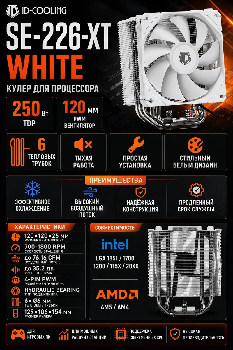 Кулер ID-Cooling SE-226-XT ARGB Snow, S115X/1700/2011/AM4, 250W,12cm,4pin,Al+Cu,500-1500rpm,30.5dB — 2