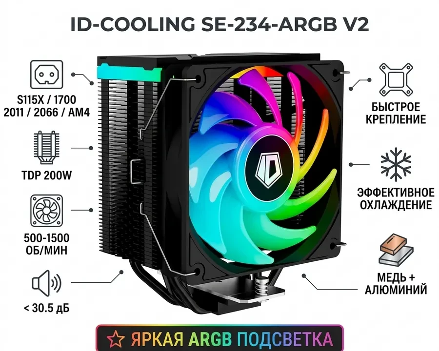 Кулер ID-Cooling SE-234-ARGB V2, S115X/1700/2011/2066/AM4, 200W, 12cm, 4pin,Al+Cu,500-1500rpm,30.5dB
