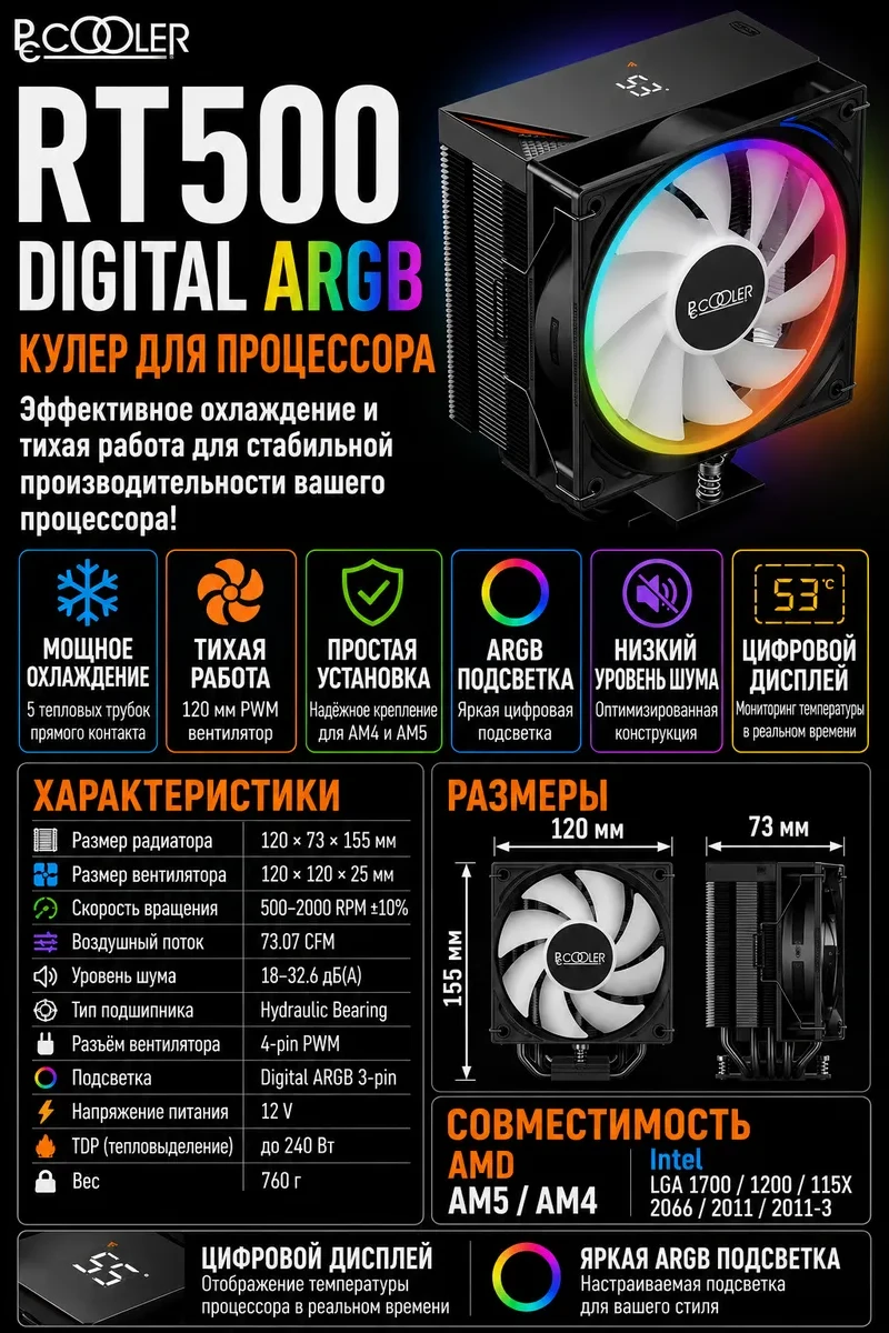 Кулер PCCooler RT500 Digital ARGB BK,LGA115X/1200/1851/AM4/AM5,245W,12cm,4pin+3pin,Al+Cu,500-2200rpm — 2