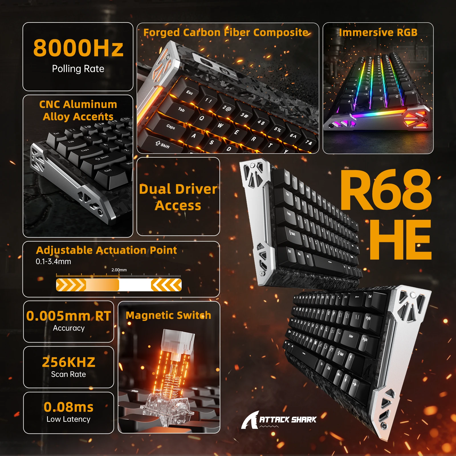 Клавиатура Attack Shark R68 HE Black, Mechanical, 66 keys, USB-C, EN — 2