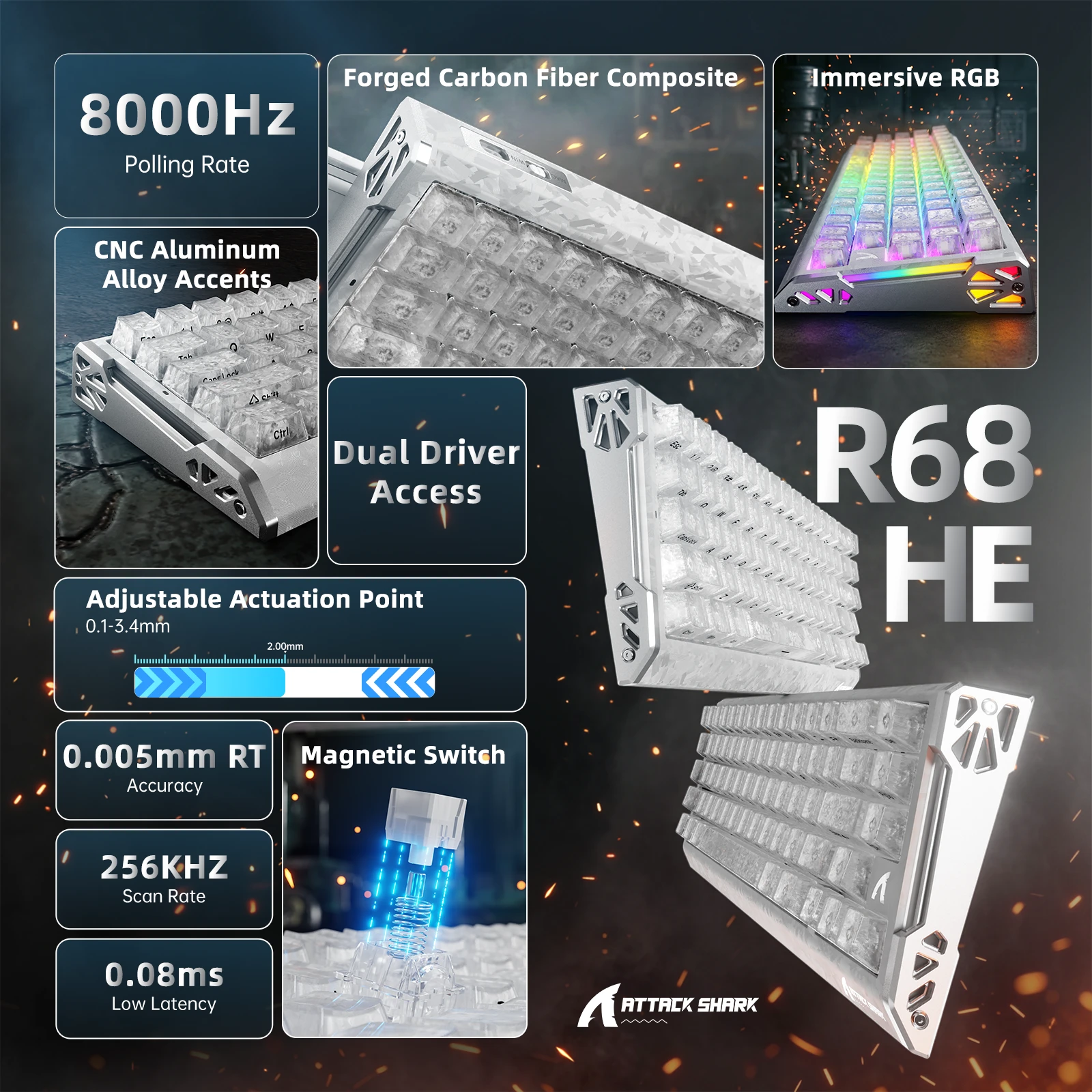 Клавиатура Attack Shark R68 HE Ice Ninja, Mechanical, 66 keys, USB-C, EN — 2
