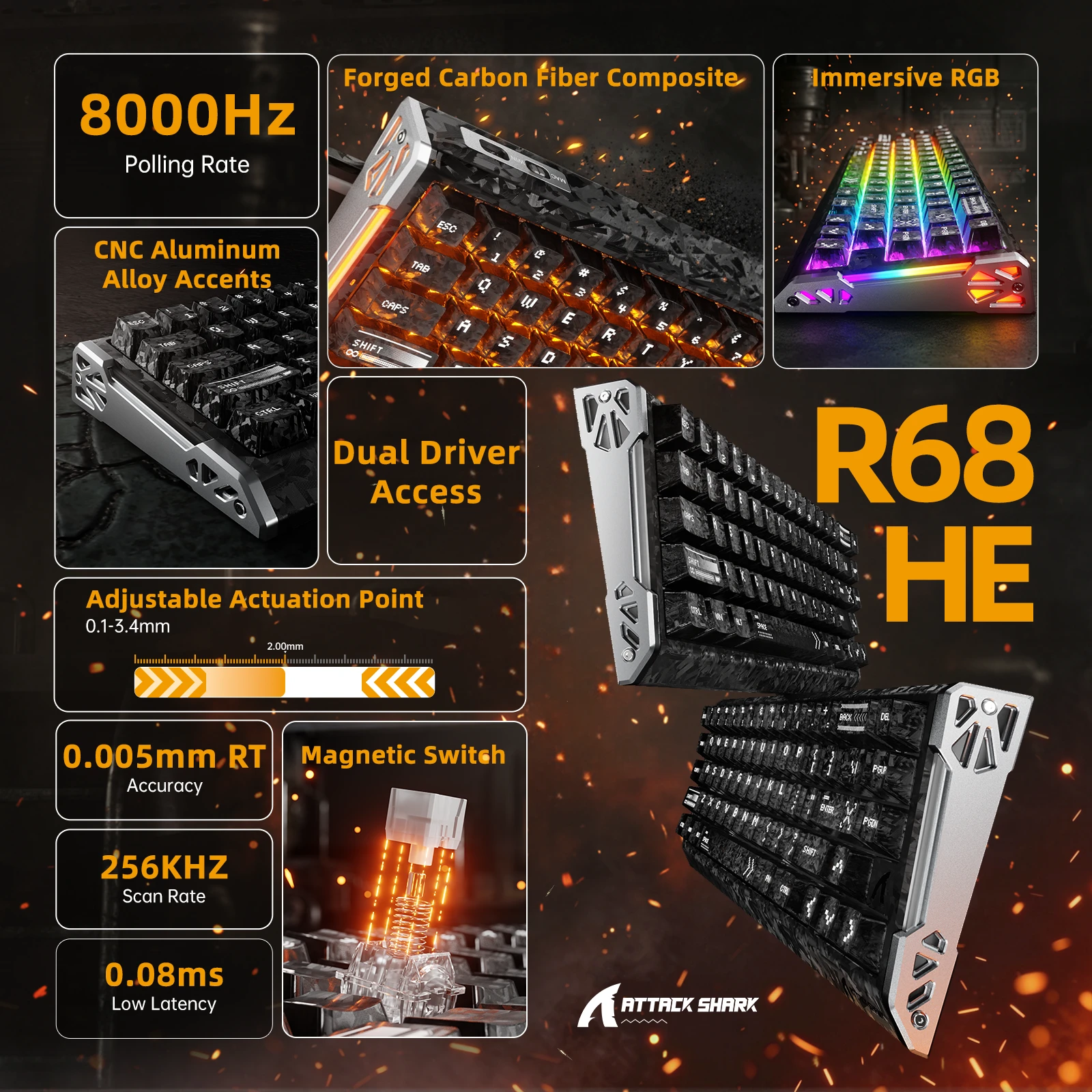 Клавиатура Attack Shark R68 HE Ink Shade, Mechanical, 66 keys, USB-C, EN — 2