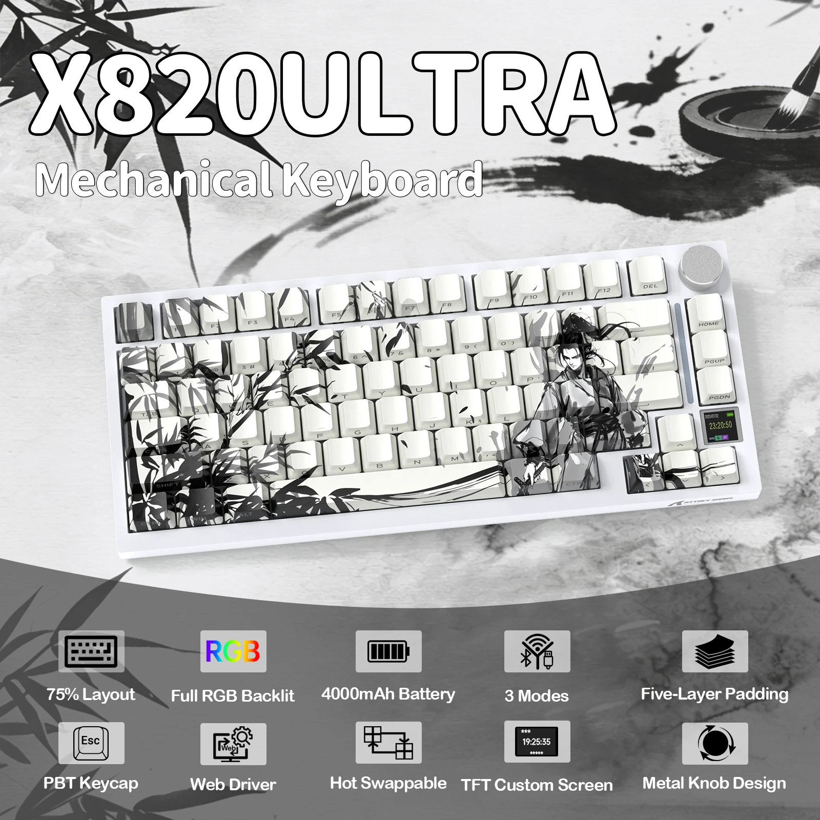 Клавиатура Attack Shark X820Ultra Dark Warrior, Mechanical, 80 keys, 2.4/BT/USB-C, EN, 4000mAh — 2
