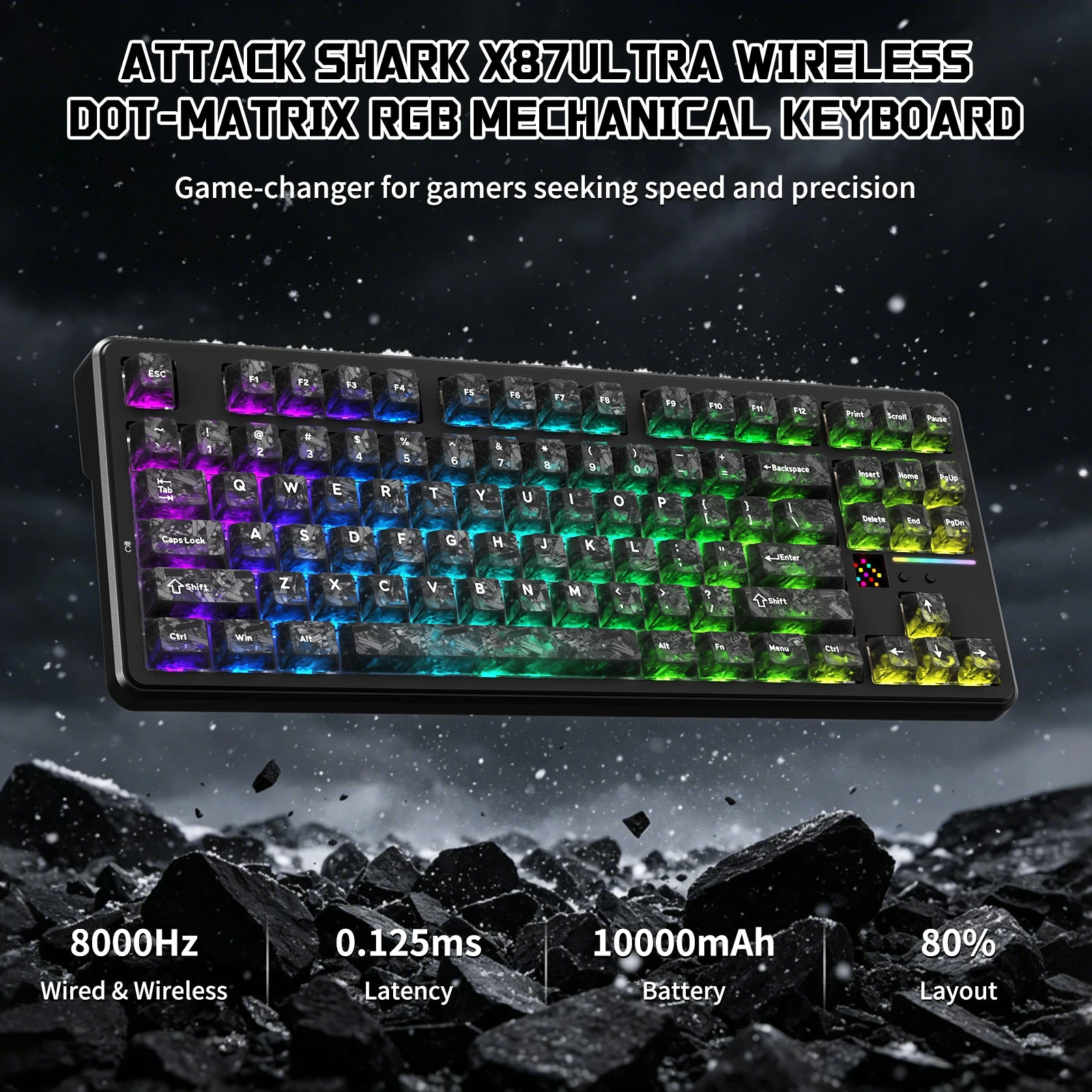 Клавиатура Attack Shark X87Ultra Forged Carbon, Mechanical, 87 keys, 2.4/BT/USB-C, EN, 10.000mAh — 2
