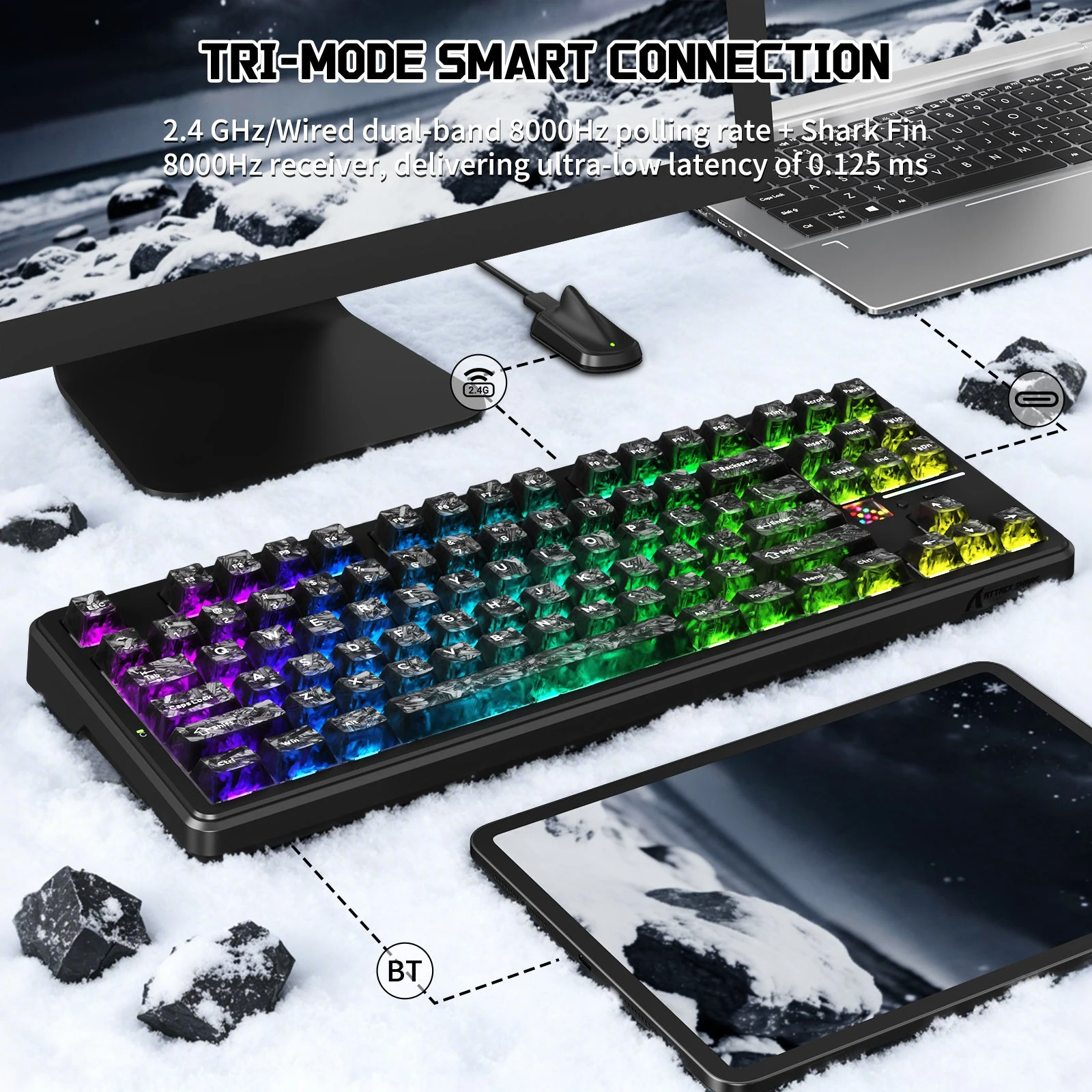 Клавиатура Attack Shark X87Ultra Forged Carbon, Mechanical, 87 keys, 2.4/BT/USB-C, EN, 10.000mAh — 4