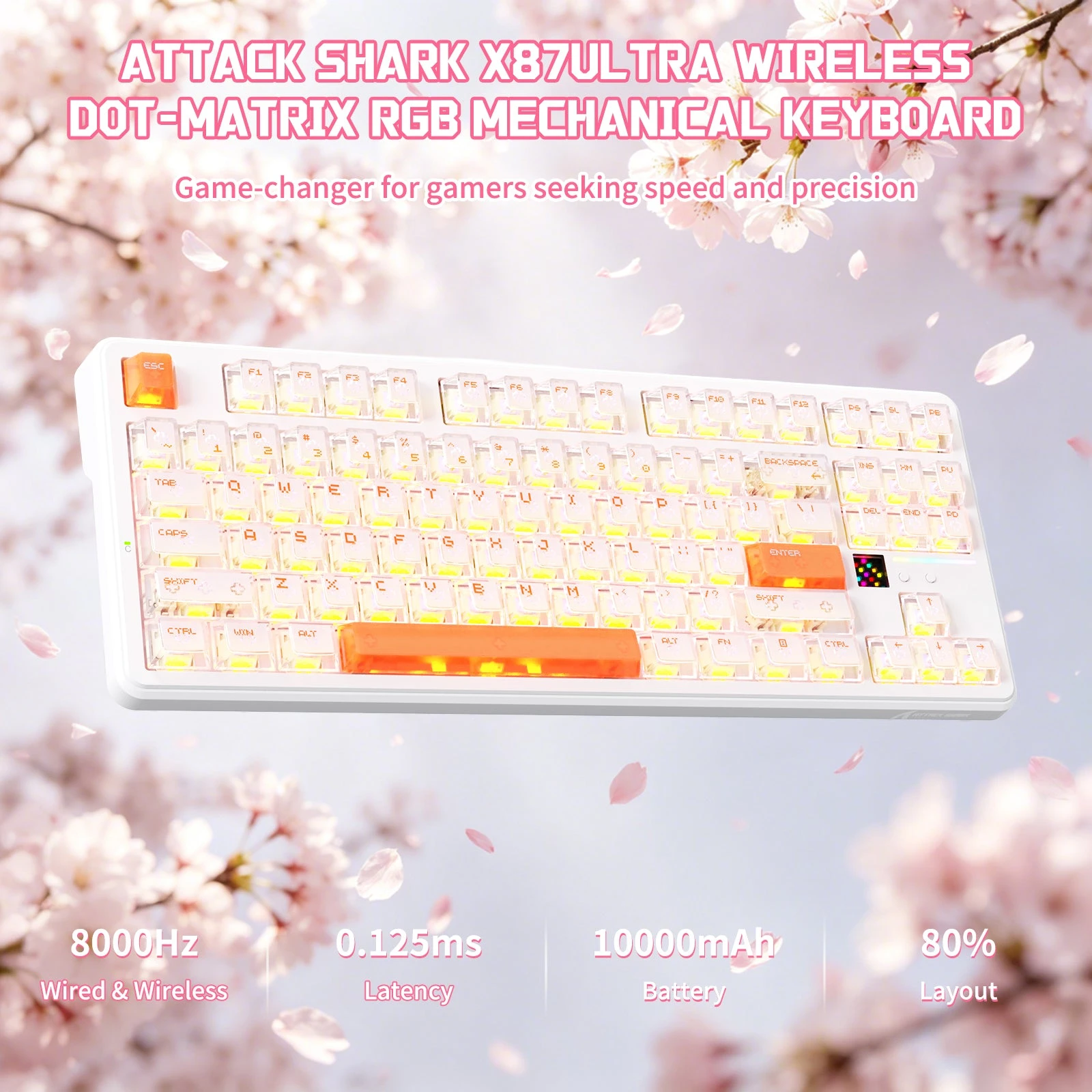 Клавиатура Attack Shark X87Ultra Ice Orange, Mechanical, 87 keys, 2.4/BT/USB-C, EN, 10.000mAh — 2