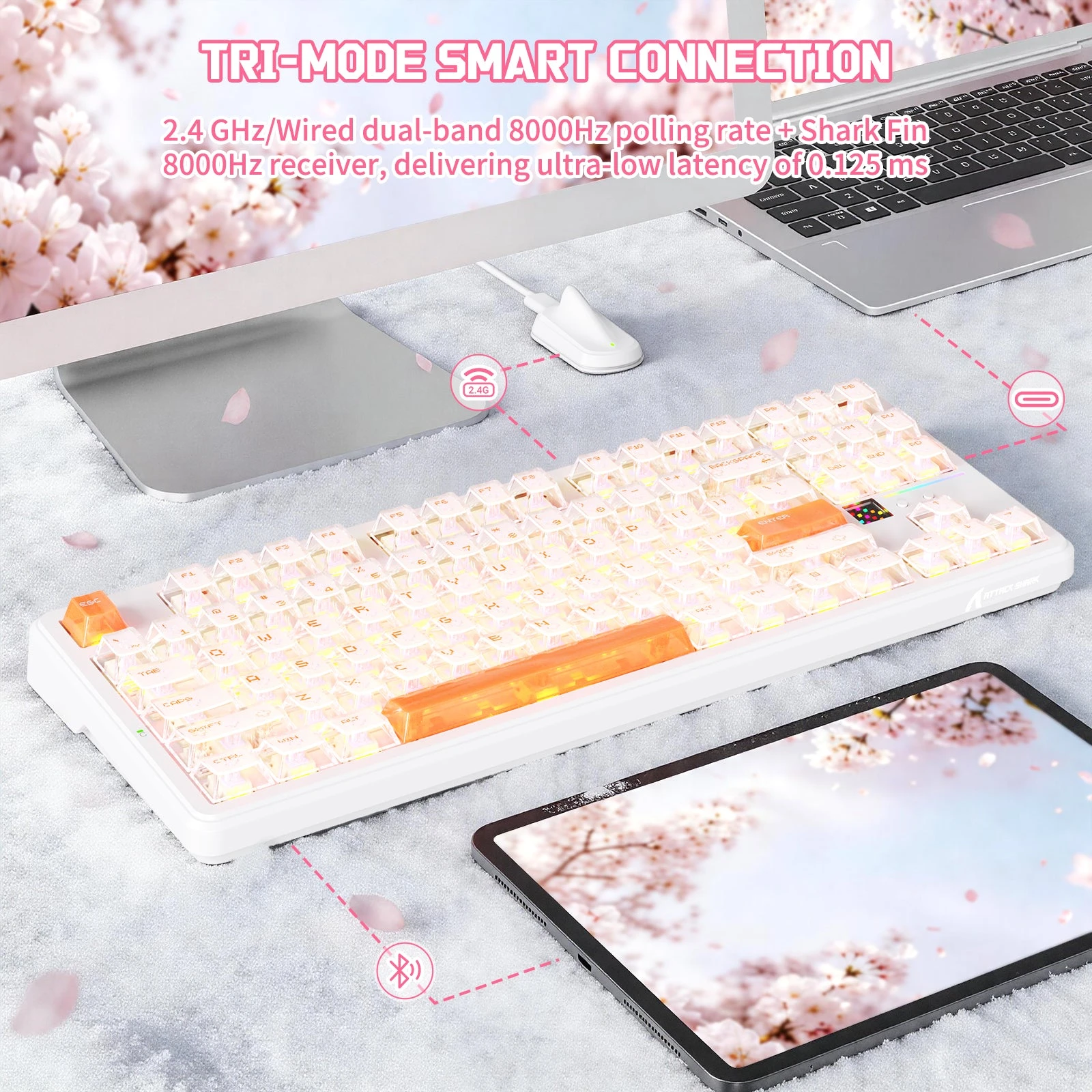 Клавиатура Attack Shark X87Ultra Ice Orange, Mechanical, 87 keys, 2.4/BT/USB-C, EN, 10.000mAh — 4