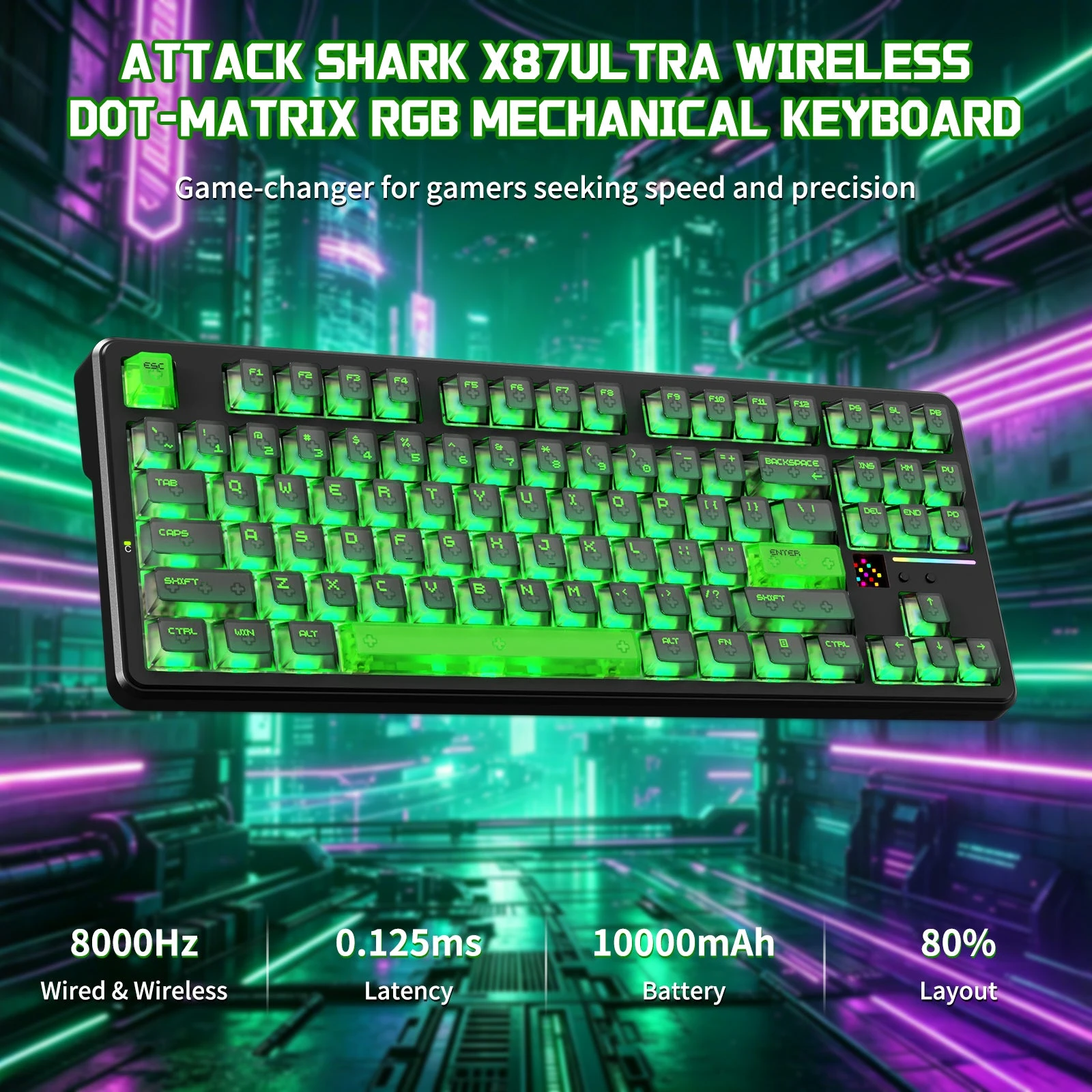Клавиатура Attack Shark X87Ultra Shadow Jade, Mechanical, 87 keys, 2.4/BT/USB-C, EN, 10.000mAh — 2