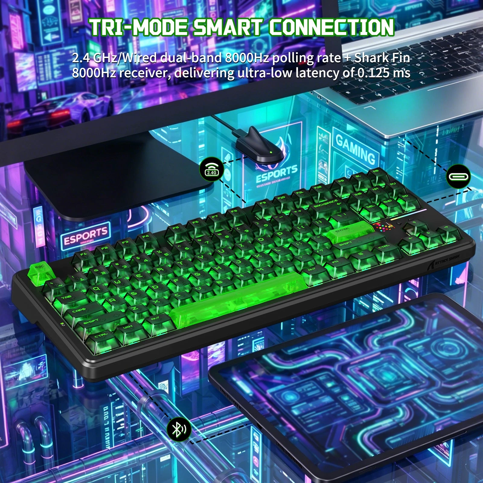 Клавиатура Attack Shark X87Ultra Shadow Jade, Mechanical, 87 keys, 2.4/BT/USB-C, EN, 10.000mAh — 4