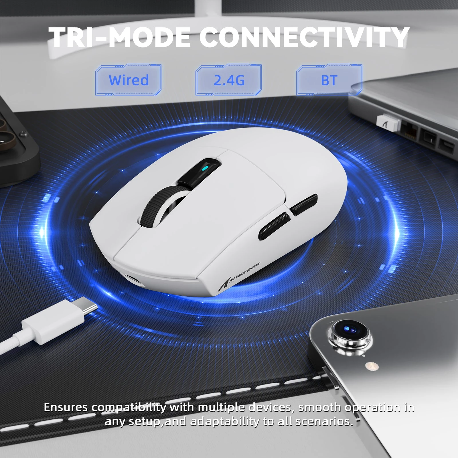 Мышь Attack Shark G3 PRO White, PAW3311, 25000 DPI, 2.4/BT/Wired, 100 Million Clicks, 500mAh, 59±3g — 3