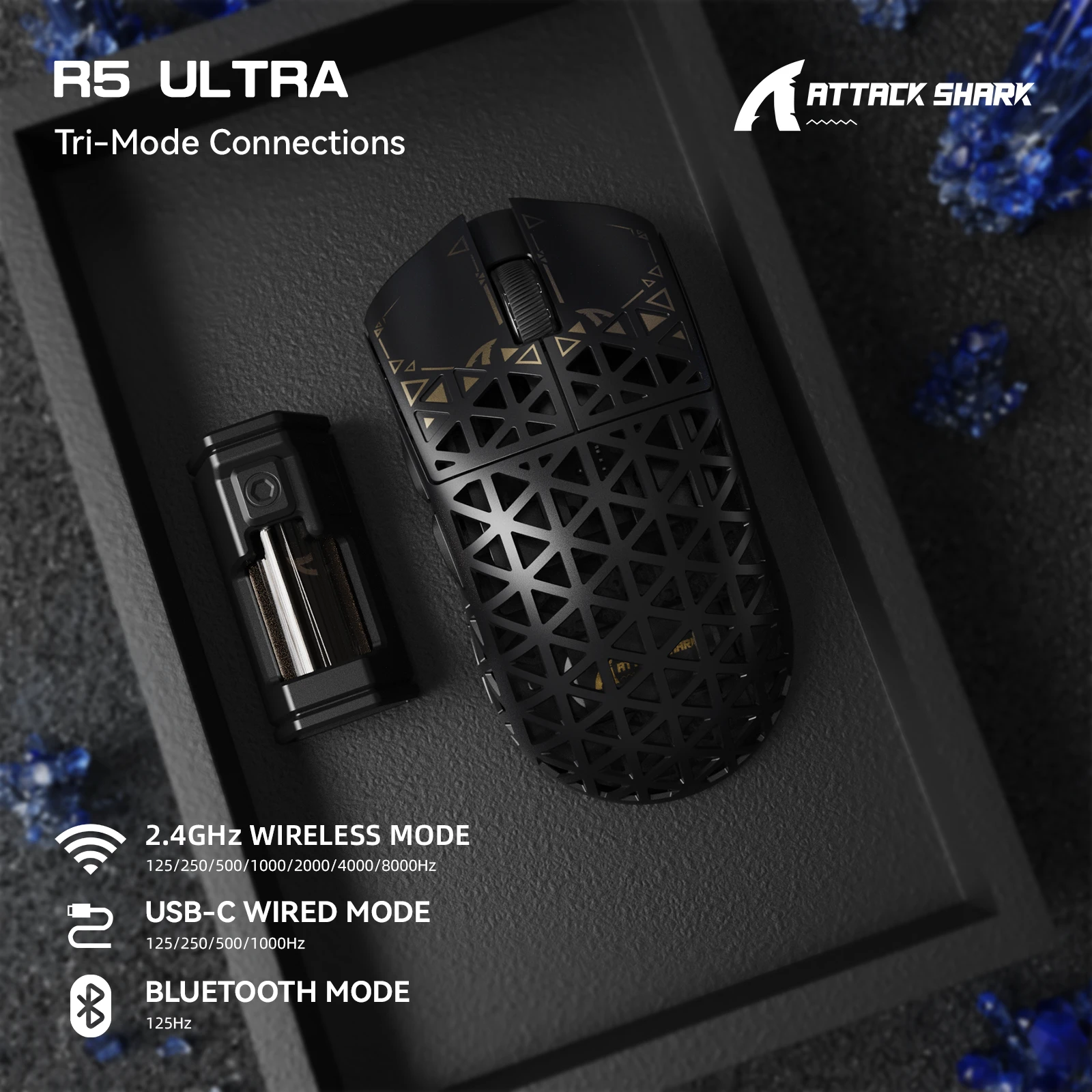 Мышь Attack Shark R5 Ultra Black, PAW3950MAX, 42000 DPI, 2.4/BT/Wired, 100 Million Clicks, 39±3g — 3