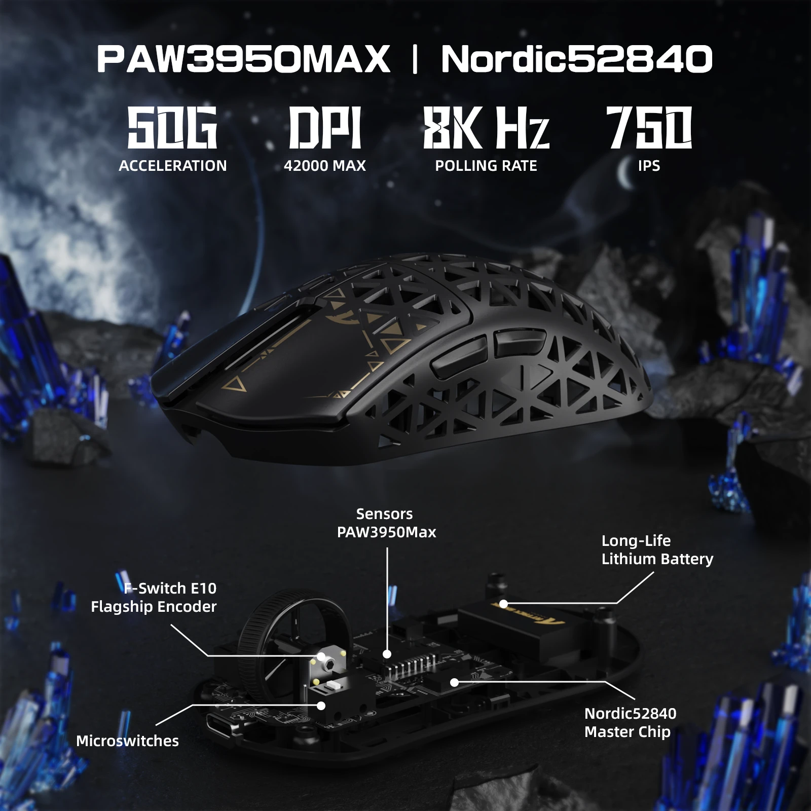 Мышь Attack Shark R5 Ultra Black, PAW3950MAX, 42000 DPI, 2.4/BT/Wired, 100 Million Clicks, 39±3g — 4