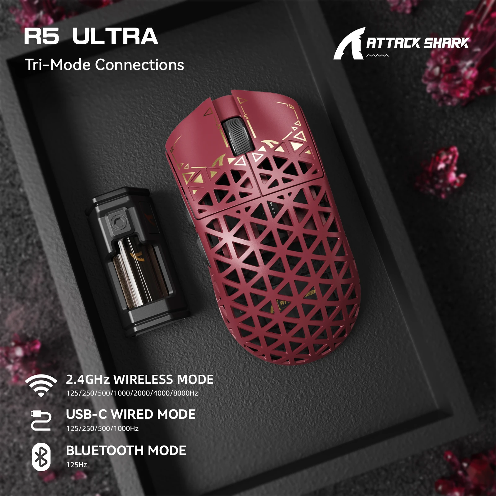 Мышь Attack Shark R5 Ultra Red, PAW3950MAX, 42000 DPI, 2.4/BT/Wired, 100 Million Clicks, 39±3g — 2