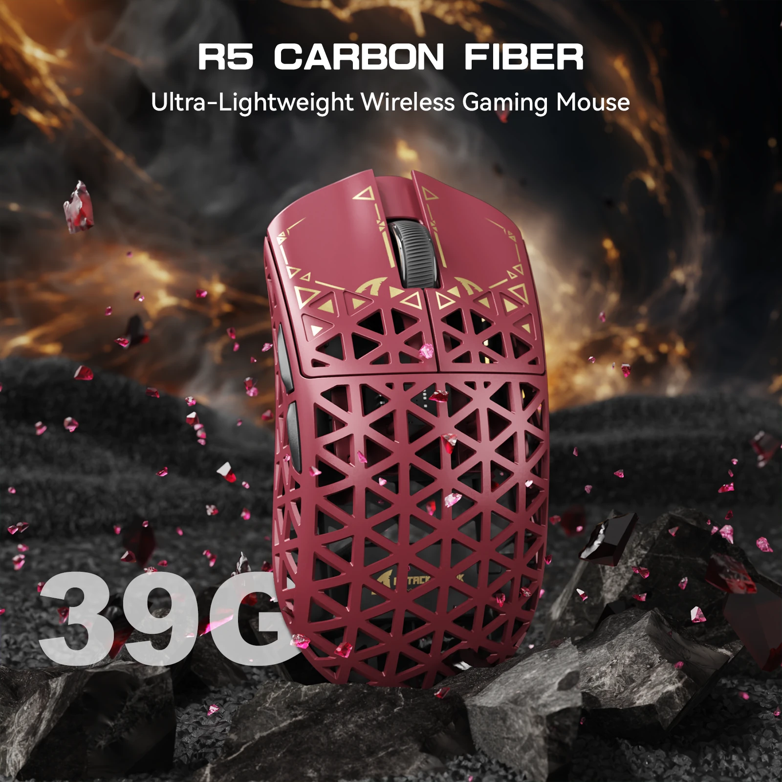 Мышь Attack Shark R5 Ultra Red, PAW3950MAX, 42000 DPI, 2.4/BT/Wired, 100 Million Clicks, 39±3g — 3