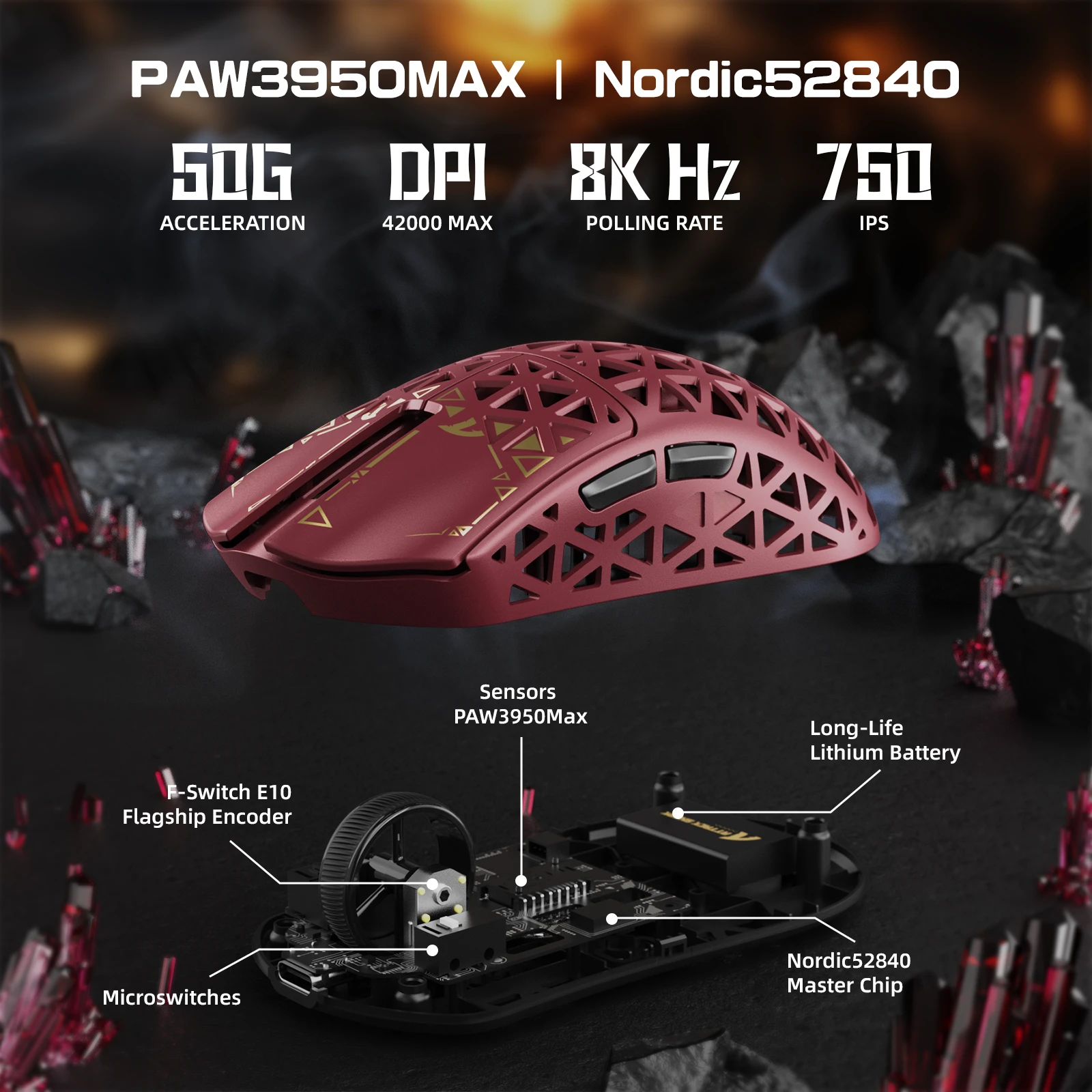 Мышь Attack Shark R5 Ultra Red, PAW3950MAX, 42000 DPI, 2.4/BT/Wired, 100 Million Clicks, 39±3g — 4