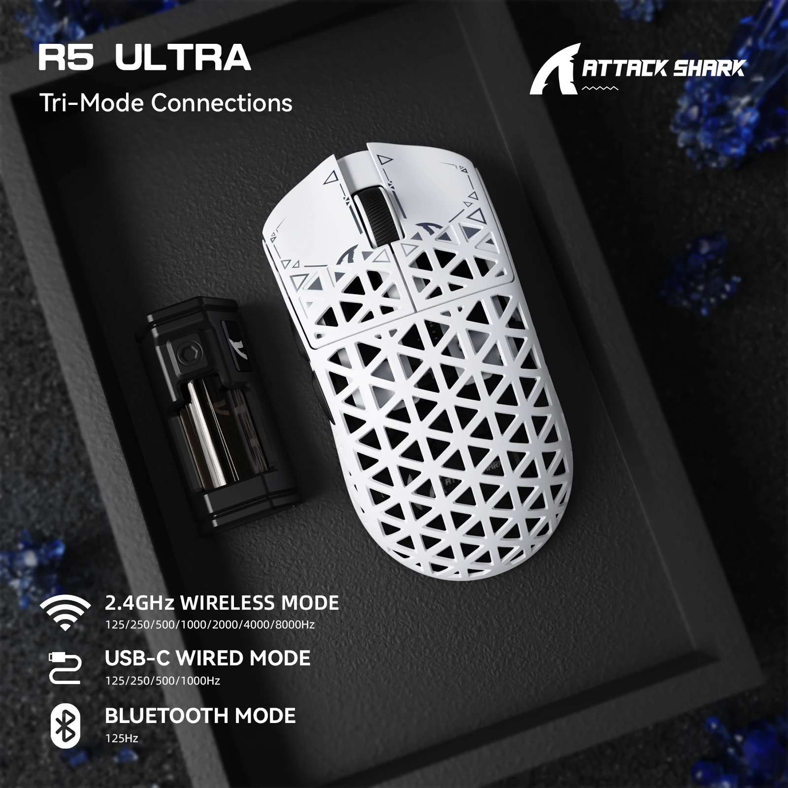 Мышь Attack Shark R5 Ultra White, PAW3950MAX, 42000 DPI, 2.4/BT/Wired, 100 Million Clicks, 39±3g — 3