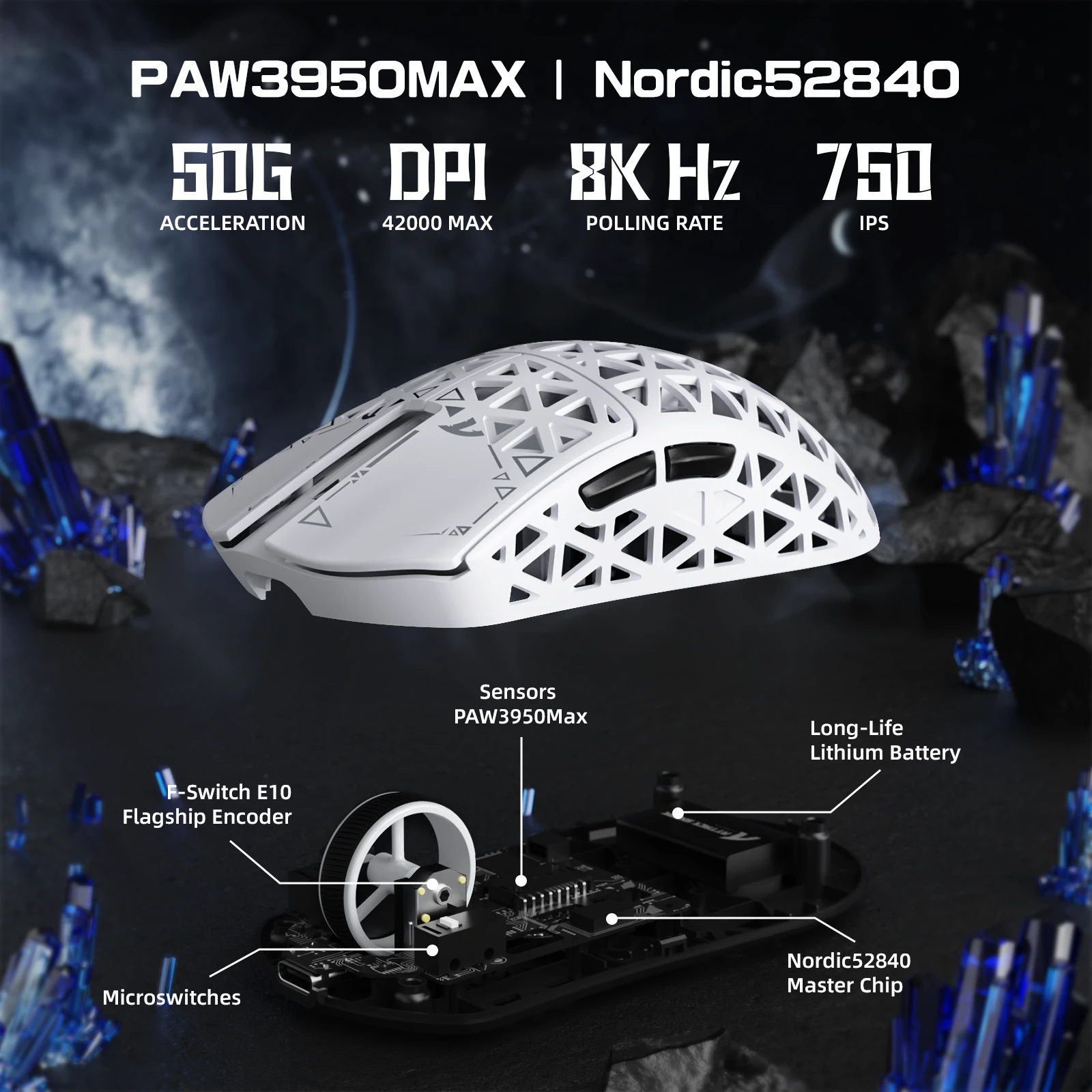 Мышь Attack Shark R5 Ultra White, PAW3950MAX, 42000 DPI, 2.4/BT/Wired, 100 Million Clicks, 39±3g — 4