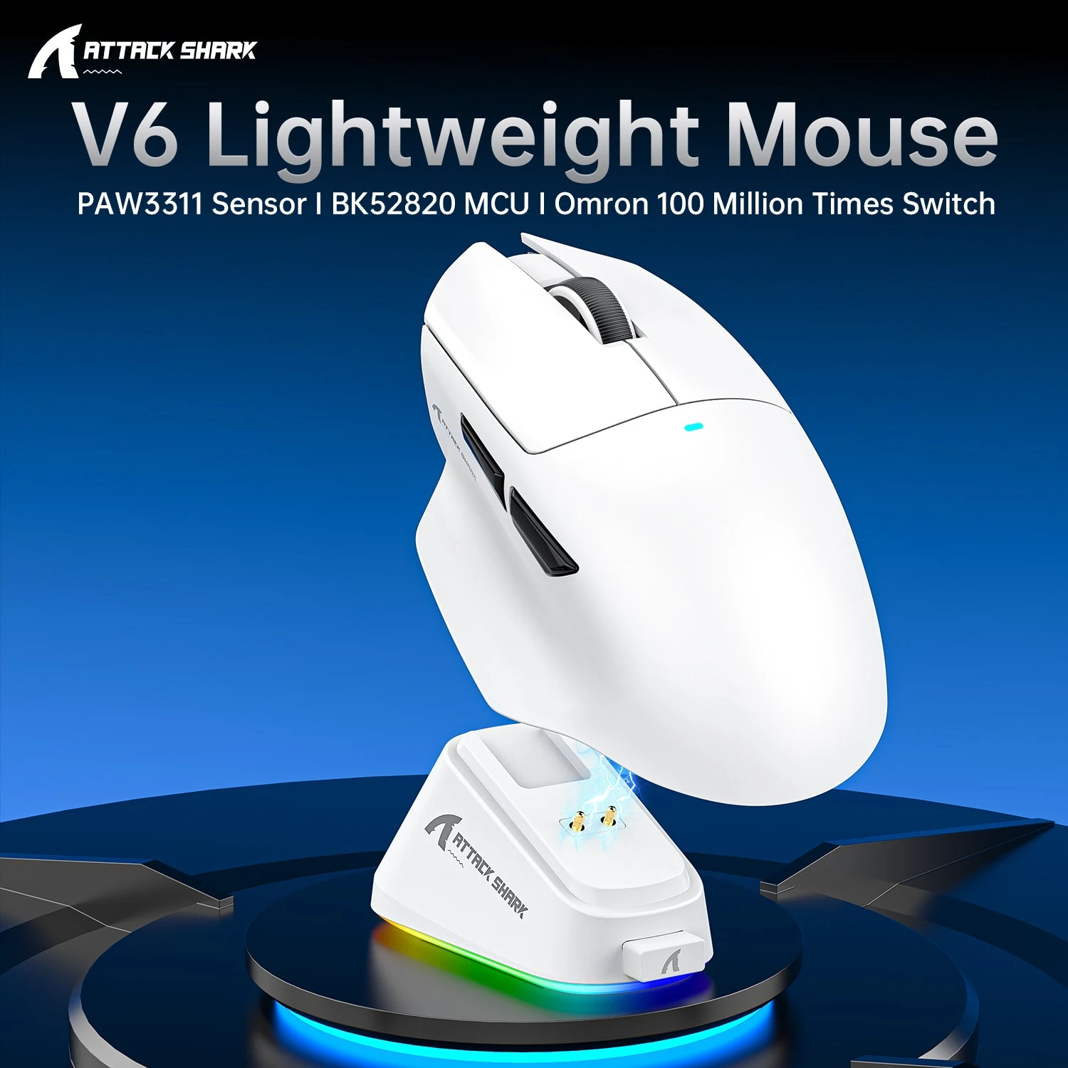 Мышь Attack Shark V6 White, PAW3311, 25000 DPI, 2.4/BT/Wired, 100 Million Clicks, 500mAh, 65±3g — 2