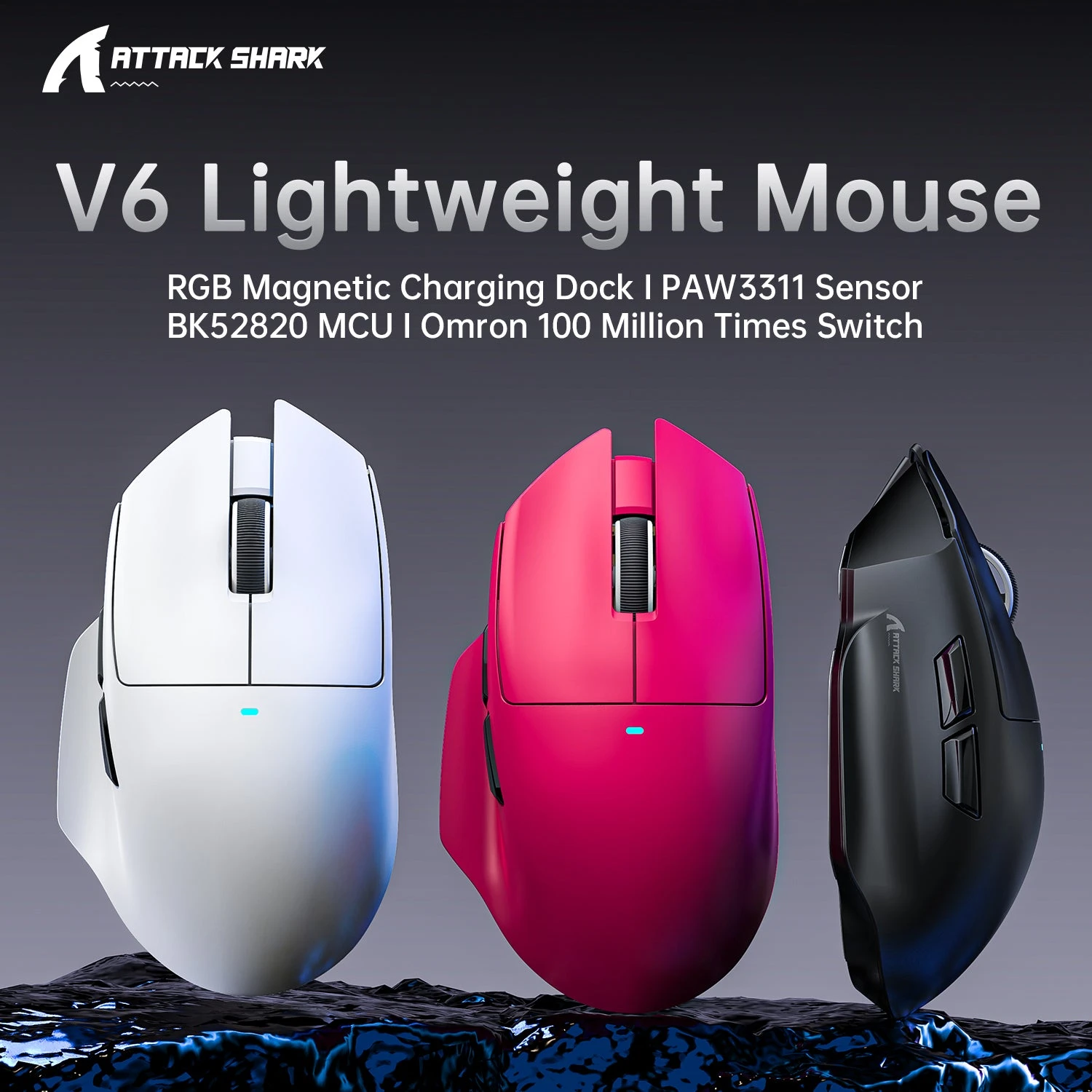 Мышь Attack Shark V6 White, PAW3311, 25000 DPI, 2.4/BT/Wired, 100 Million Clicks, 500mAh, 65±3g — 3