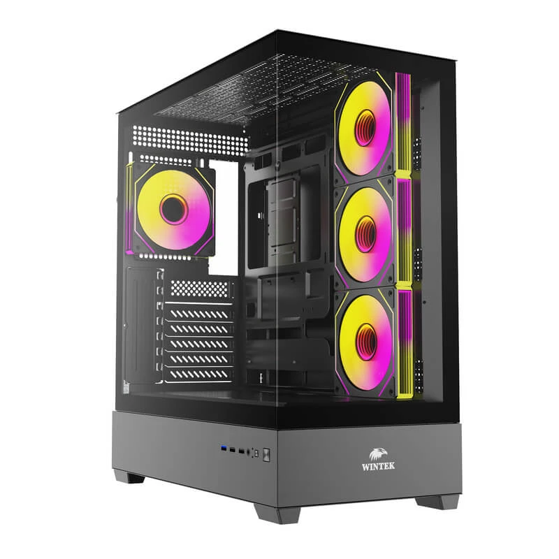 Корпус Wintek Tower 225-B TG, ATX, USB 1*3.0/2*2.0, HD+Mic, 0,7mm, 4*12cm ARGB, Black