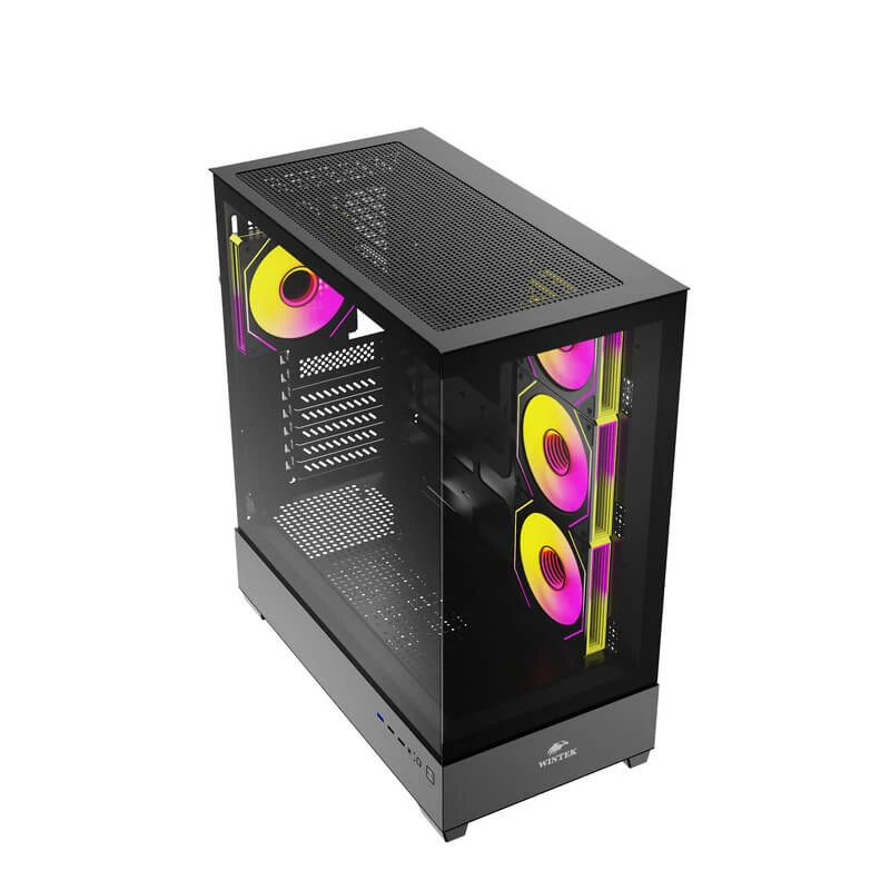 Корпус Wintek Tower 225-B TG, ATX, USB 1*3.0/2*2.0, HD+Mic, 0,7mm, 4*12cm ARGB, Black — 3