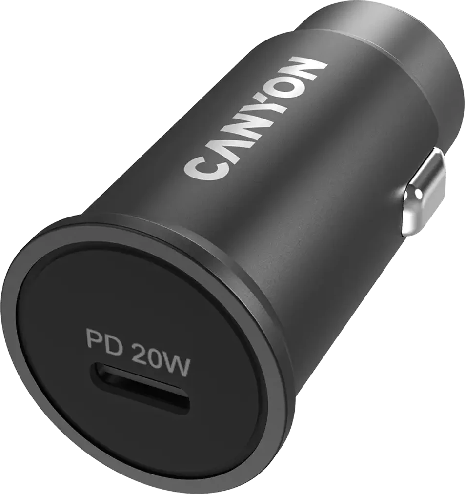 Автомобильное зарядное устройство Canyon C-20, PD 20W Pocket size car charger, input: DC12V-24V, output: PD20W, support iPhone12 PD fast charging, Compliant with CE RoHs , Size: 50.6*23.4*23.4, 18g, Black